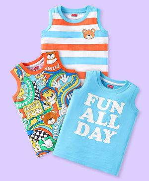 Babyhug Cotton Knit Sleeveless Tank T-Shirts With Text & Animal Print Pack of 3 - Light Blue Orange & Multicolor