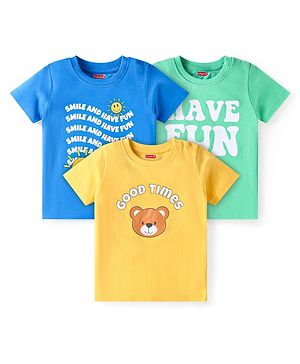 Babyhug Cotton Knit Half Sleeves T-Shirts With Text & Teddy Bear Print Pack of 3 - Yellow Blue & Green