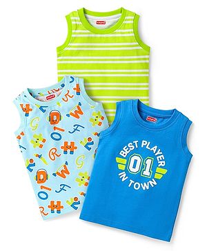Babyhug Cotton Knit Sleeveless Tank T-Shirts With Stripes & Sports Theme Text Print Pack Of 3 - Light Blue & Lime Green