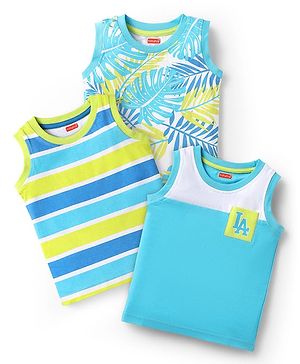 Babyhug Cotton Knit Sleeveless Tank T-Shirts With Stripes & Tropical Print Pack Of 3 - Limegreen & Light Blue