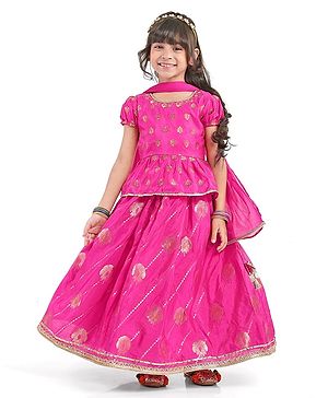 Babyhug Woven Half Puffed Sleeves Lehenga Choli & Dupatta Set with Lace Detailing - Fuchsia