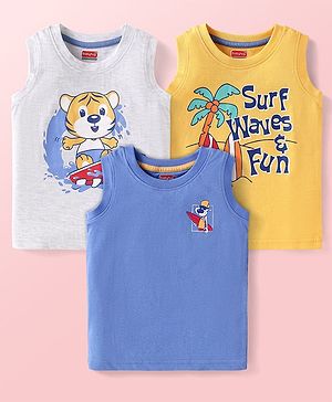 Babyhug Cotton Knit Sleeveless Tank T-Shirts with Beach Theme Print Pack of 3 - Yellow Grey & Blue
