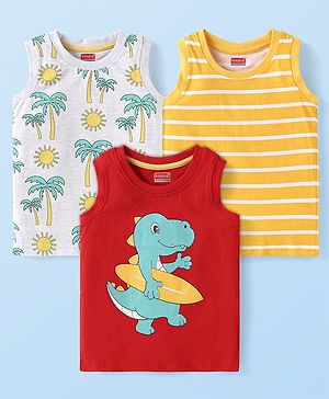 Babyhug Cotton Knit Sleeveless Tank T-Shirts with Beach Theme Print & Stripes Pack of 3 - Yellow Grey & Red