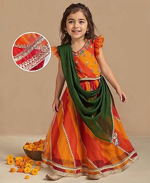 Babyhug Woven Frill Sleeves Floral Embroiderd Choli Lehenga Set with Dupatta & Lace Detailing - Orange & Green