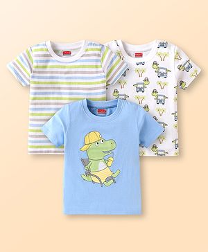 Babyhug Cotton Knit Half Sleeves T-Shirts with Beach Theme Print & Stripes Pack of 3 - Light Blue & White