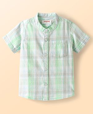 Babyhug 100% Cotton Woven Half Sleeves Mandarin Collar Checks Shirt- Lavender & Light Green