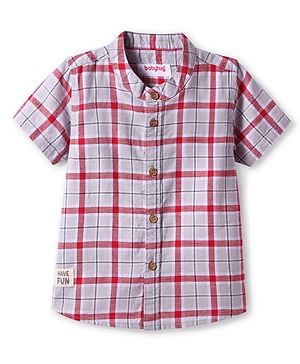 Babyhug Cotton Woven Half Sleeves Mandarin Collar Checkered Shirt - Grey