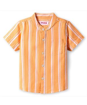Babyhug Cotton Knit Half Sleeves Mandarin Collar Striped Shirt - Orange