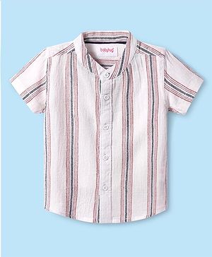Babyhug Cotton Knit Half Sleeves Mandarin Collar Striped Shirt - White