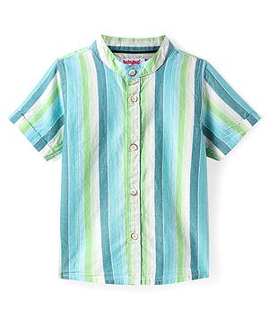 Babyhug Cotton Woven Half Sleeves Striped Shirt With Mandarin Collar - Blue & Green