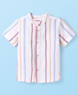 Babyhug Cotton Woven Half Sleeves Mandarin Collar Stripe Shirt - White & Pink