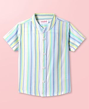Babyhug Cotton Woven Half Sleeves Mandarin Collar Shirt with Stripes -Light Blue & White