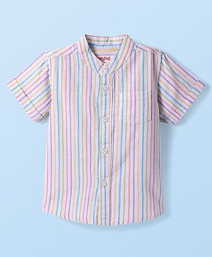 Babyhug Cotton Woven Half Sleeves Mandarin Collar Stripe Shirt - White & Pink