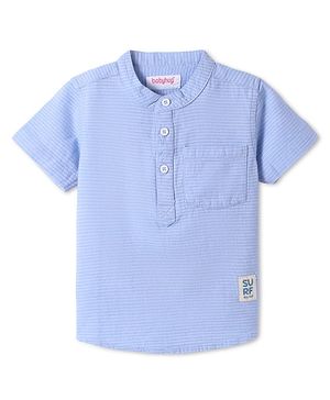 Babyhug Cotton Woven Half Sleeves Mandarin Collar Striped Kurta Shirt with Text Patch - Light Blue