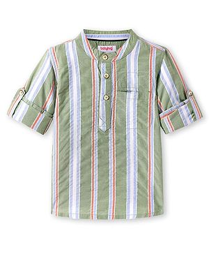Babyhug Cotton Woven Full Sleeves Mandarin Collar Kurta Type Shirt with Stripes - Olive Green