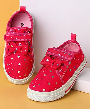 Cute Walk by Babyhug Velecro Closure Heart Printed Casual Shoes with Bow Applique - Dark Pink