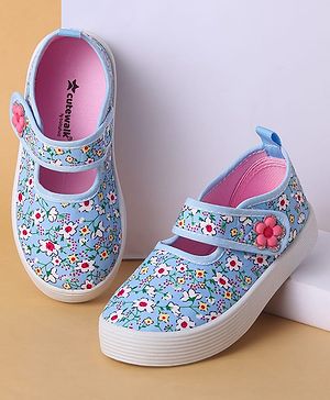 Cute Walk by Babyhug Velcro Closure Casual Shoes with Floral Print & Applique - Light Blue