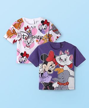 Babyhug Disney Single Jersey Knit  Half Sleeve T-Shirt With Disney Character Graphic Pack Of 2 - Purple & White