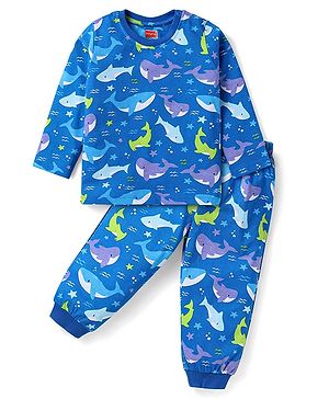 Babyhug Cotton Knit Full Sleeves Night Suit Shark Print - Blue