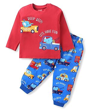 Babyhug Cotton Knit Full Sleeves Nightsuit with Vehicle Print - Red & Blue