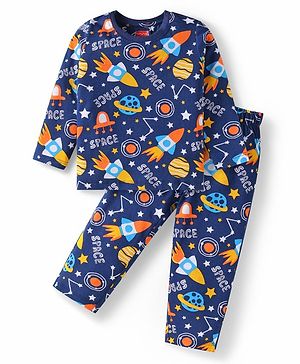 Babyhug Cotton Knit Full Sleeves Night Suit with Space Theme Print - Navy Blue
