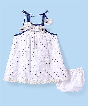 Babyhug Cotton Woven Singlet Sleeves Printed Frock With Smock Detailing Floral Applique & Bloomer - White