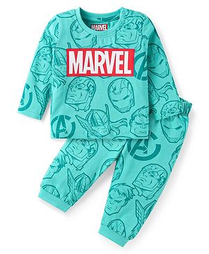 Babyhug Marvel Single Jersey Knit Full Sleeves Night Suit with Avengers Graphics - Mint