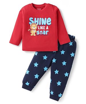 Babyhug Cotton Knit Full Sleeves Night Suit with Text Print - Red & Navy Blue