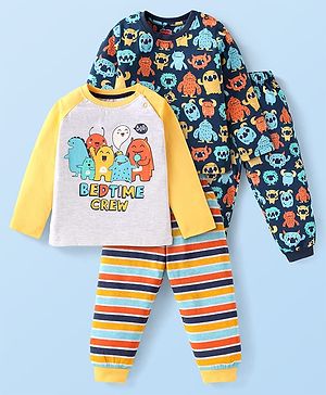Babyhug Cotton Knit Full Sleeves Night Suit Monstar Print Pack of 2 - Navy & Yellow
