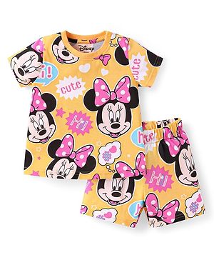 Babyhug Disney Single Jersey Knit Half Sleeves  Co-ords Shorts Night Suit with Minnie Mouse Graphics - Yellow