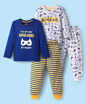 Babyhug Cotton Knit Full Sleeves Striped Night Suits with Text Print Pack of 2 - Navy Blue & White