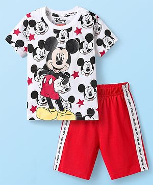 Babyhug Disney Single Jersey Knit  Half Sleeve Shorts Night Suit With Mickey Mouse Graphic - Red & White