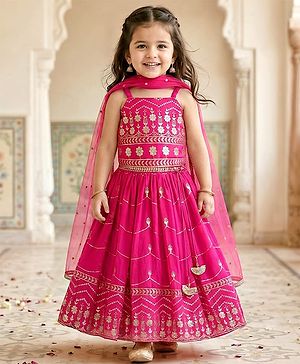 Babyhug Sleeveless Floral Sequenced Embroidered Choli Lehenga & Dupatta Set with Tassel Detailing - Dark Pink