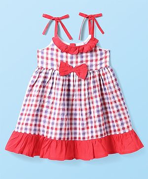 Babyhug Cotton Woven Sleeveless Checks Dress With Bow Applique - Red
