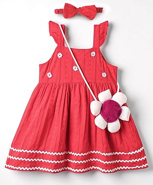 Babyhug Cotton Woven Knee Length Frock With Floral Sling Bag - Red