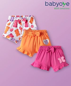 Babyoye 100% Cotton Interlock Knit Shorts With Eco- Jiva Finish & Animal Print Pack Of 3 - Orange White & Pink