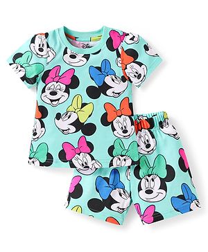 Babyhug Disney Single Jersey Knit Half Sleeves Co-ords Shorts Night Suit with Minnie Mouse Graphics - Turquoise