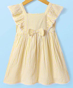Babyhug Seersucker Frill Sleeves Striped Frock With Bow Applique - Yellow