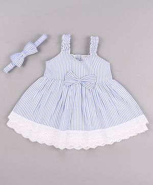Babyhug Single Jersey Knit Sleeveless Frock with Stripes Bow Applique & Lace Detailing - White & Light Blue