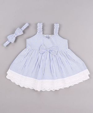 Babyhug Single Jersey Knit Sleeveless Frock with Stripes Bow Applique & Lace Detailing - White & Light Blue