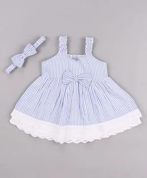 Babyhug Single Jersey Knit
                                  Sleeveless Frock with Stripes Bow
                                  Applique & Lace Detailing - White
                                  & Light Blue