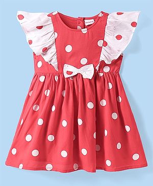 Babyhug Cotton Woven Flutter Sleeves Frock With Polka Dot Print & Bow Applique - Red