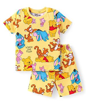 Babyhug Disney Single Jersey Knit Half Sleeves Co-ords Shorts Night Suit with Winnie & Friends Graphics - Yellow