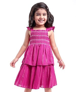 Babyhug Cotton Woven Frill Sleeves Layered Frock with Smocking - Pink