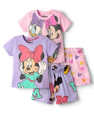 Babyhug Disney Single Jersey Half Sleeves Shorts Night Suit With Minnie & Friends Graphic Pack Of 2 - Pink & Purple