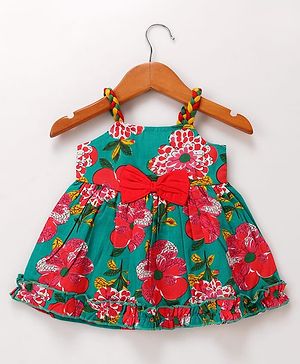 Babyhug Cotton Woven Singlet Sleeves Frock With Floral Print & Bow Applique - Green
