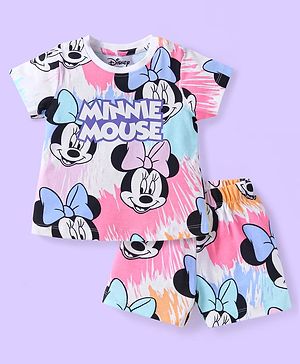 Babyhug Disney Single Jersey Knit Half Sleeves Shorts Night Suit with Minnie Mouse Print - White