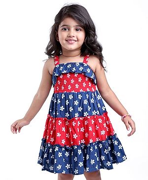 Babyhug Cotton Woven Sleeveless Dress With Floral Print & Smocked Yoke - Navy Blue & Red