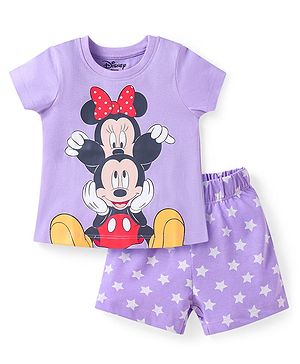 Babyhug Disney Single Jersey Knit Half Sleeves Shorts Nightsuit With Minnie Mouse Graphic - Purple