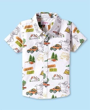 Babyhug Cotton Woven Half Sleeves  Shirt with Vehicle Print - Green & White
